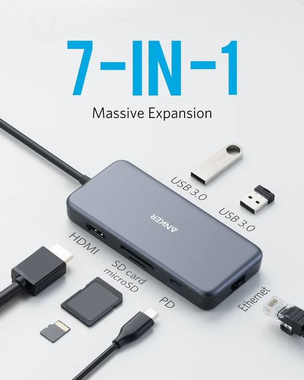 Anker Premium 7-in-1 USB-C Hub (A8352HA1)-Massive Expansion SuperSpeed Transfer Power Delivery Powerful Pass High-Speed, High-Def