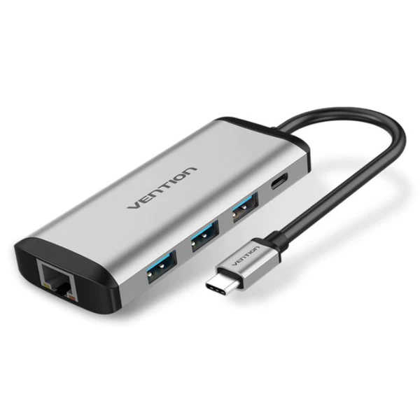 Vention USB Type C to Multi-Function 5 IN 1 Hub/ Docking Station (VEN-TGPBB)-Available ports - USB 3.0 (3 Ports), Gigabit Ethernet, Micro B Power Delivery Super Speed Data Synching High Performance chip power Delivery type C charge port