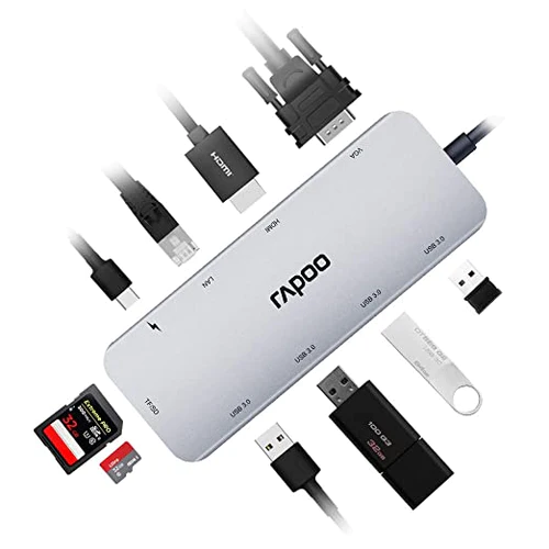 Rapoo 10-in-1 USB C Hub Adapter, with 4K HDMI, 1080P VGA, SD/TF Card Reader, 4 USB 3.0 Ports, Type C Charging, RJ-45 Port - XD200