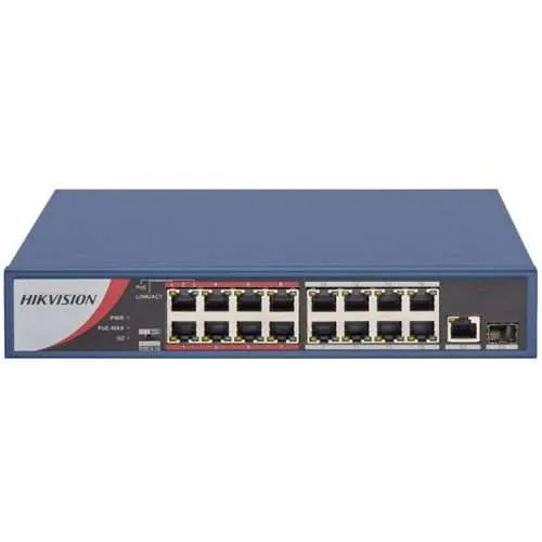 HikVision 16-Port Unmanaged PoE Switch (DS-3E0318P-E/M)-16×10/100Mbps Auto-MDIX PoEport,Provides up to 30 watts per PoE port,PoE power budget 230W,IEEE 802.3x flow control support,Plug-and-play installation