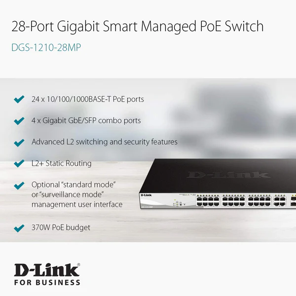 D-Link DGS-1210-28P 28-Port Gigabit WebSmart PoE Switch with 24 UTP and 4 SFP Ports