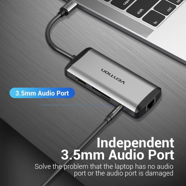 Vention Type C To Multi-function 8 In 1 Docking Station Type C To Usb 3.0 (3 Ports) + Gigabit Eithernet + Hdmi + Sd & Tf Card Reader + Type C Pd-TOKHB