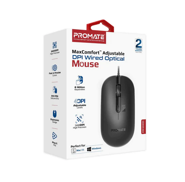 Promate CM-2400 Wired Mouse Optical MaxComfort™ Adjustable DPI
