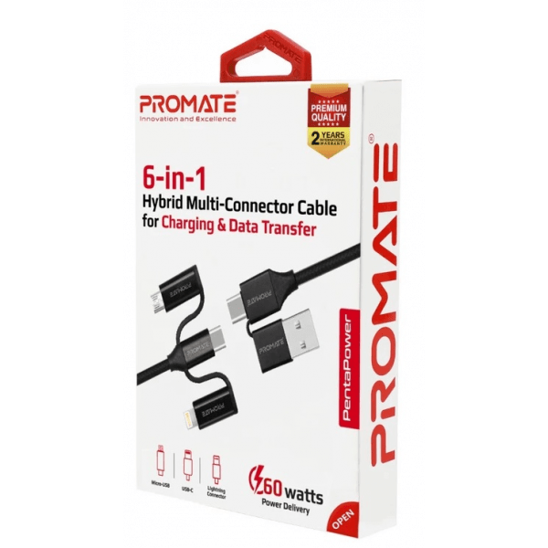 Promate PENTAPOWER Cable 6 in 1 Hybrid Multi-Connector