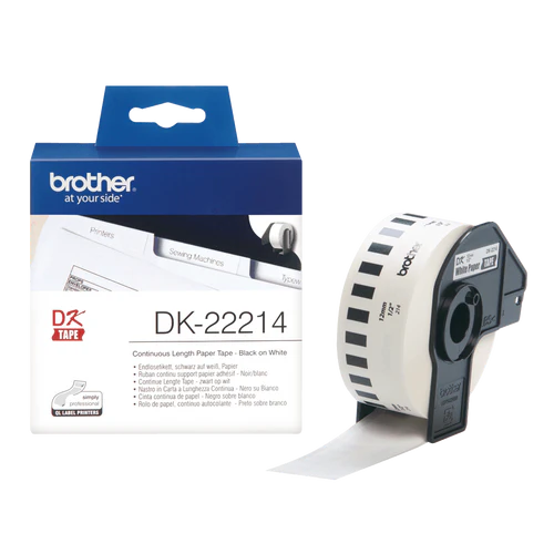 Brother-DK-22214-Continuous-Paper-Label-Roll-–-Black-on-White-12mm-wide