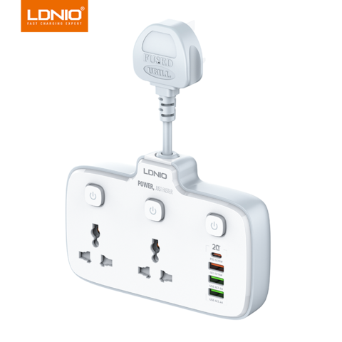 LDNIO 2 Universal Outlets Wall Power Socket 2500W With 1PD, 1 QC3.0 and 2 Auto-ID USB