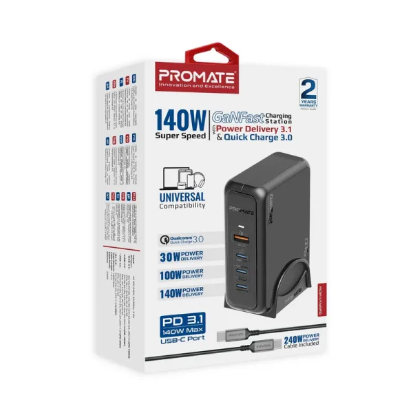 Promate GaNPort-140W Charging Station Super-Speed GaNFast™ with Power Delivery 3.1 & Quick Charge 3.0