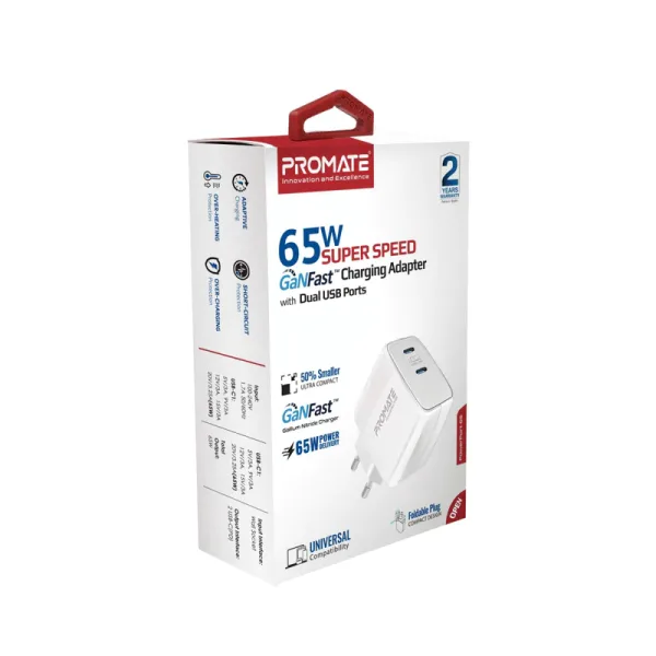 Promate Powerport-65 Charging Adapter 65W Super Speed GaNFast with Dual USB Ports