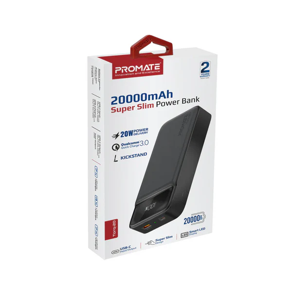 Promate TORQ-20 20000mAh Power Bank Ultra Slim-20W Power Delivery, Quick Charge 3.0 Ports