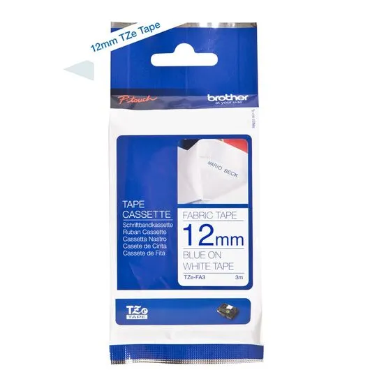 Brother TZe-FA3 P-Touch Blue on White Textile Tape 12mm x 3m